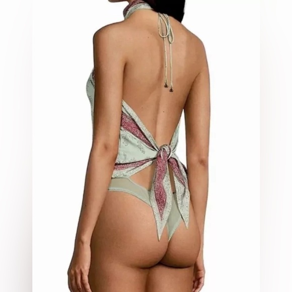 Free People 1 Thing Halter Tank Paisley Lilac Purple Floral Print Tie Bodysuit S - Picture 4 of 12